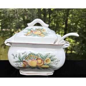 Vintage Abundance Fine Porcelain Harvest Fruit Souptureen & Underplate Ladle